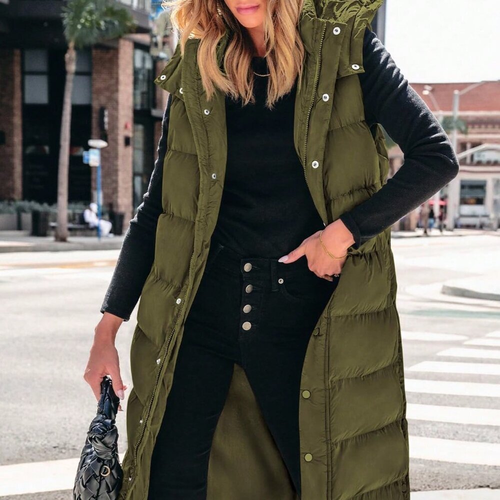 Army Green Casual Women's Long Cotton Quilted Vest with Hood